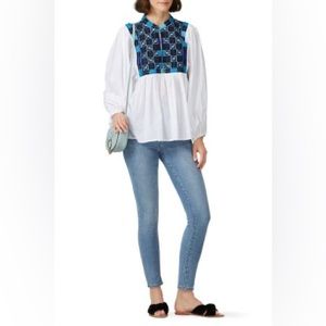 FIGUE Boho Pleated Nora Top Embroidered Mandarin Collar Babydoll Peasant Blouse